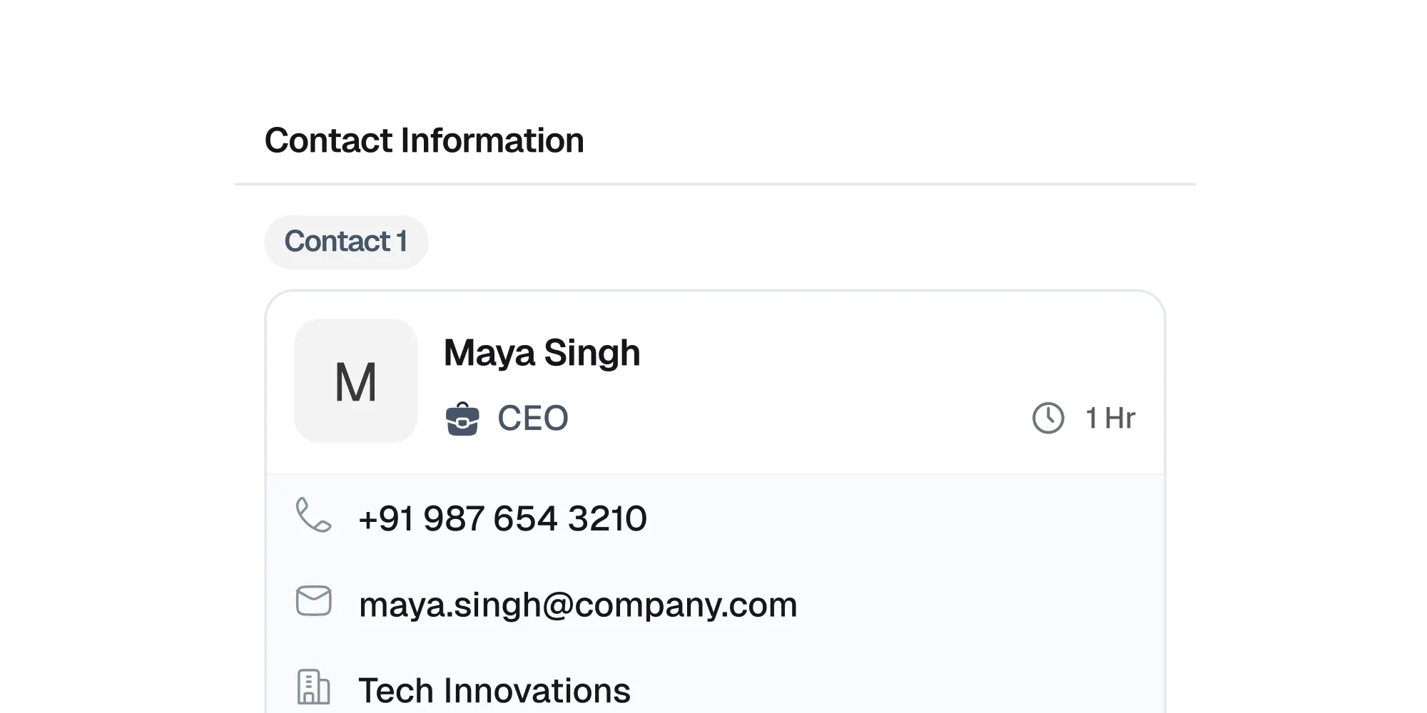 Contact card with role, phone, email, and company.